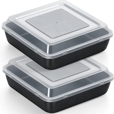 Dailygoods- Taartvorm Set van 2 - Roestvrij Stalen Bakvorm - Antiaanbaklaag - Rechthoekig 23,8 x 23,8 x 5 cm - Deksel - Gezond en Duurzaam - Casserole