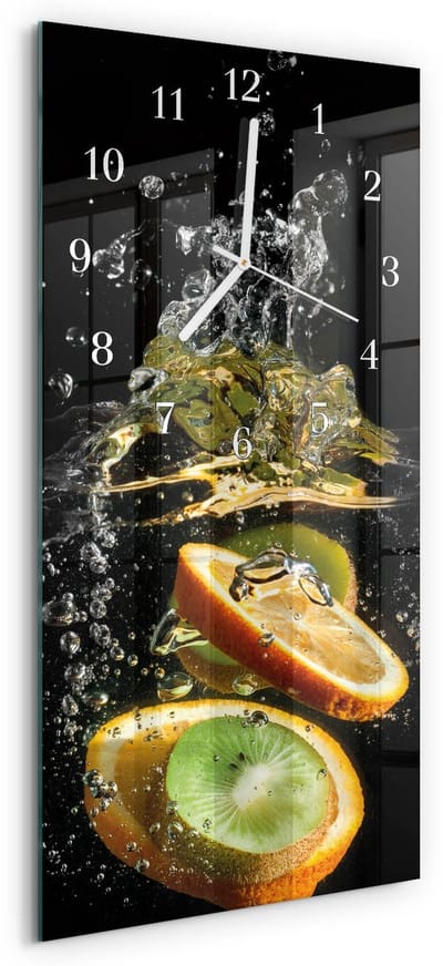Tulup Wandklok - Fruitwater Moderne Wandklok Glas - 30x60 cm - Veelkleurig Wandklok Glas Decoratie - Witte Handen - Rechthoekige Wandklok - Decoratieve Glazen Klok - Glazen Wandklok Design