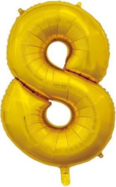 Inclusief helium ballon cijfer 8 gevuld goudkleurig.