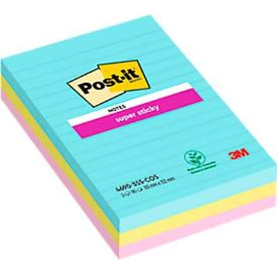 Post-it® Super Sticky notes, Kleurenset Miami, Aquawave, Neon Groen, Neon Rose, Gelijnd, 3 blokken, 101 mm x 152 mm, 90 blaadjes