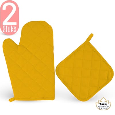 Dream Ovenwant met Pannenlap - Set van 2 - Geel - Hittebestendig - Katoen - Thermolite tot 250°C | Pannenlappen - Ovenwanten - Ovenhandschoenen