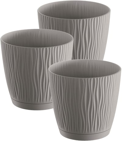 Prosperplast Plantenpot/bloempot Waves - 3x stuks - kunststof - steengrijs - D13 x H12 cm - binnen/buiten - met opvangschaal