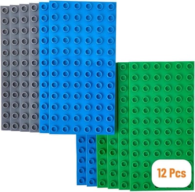 Bouwplaten Groot formaat - 12 Stapelbare Basisplaten - Compatibel met Grote Bouwstenen - Blauw, Grijs, Groen