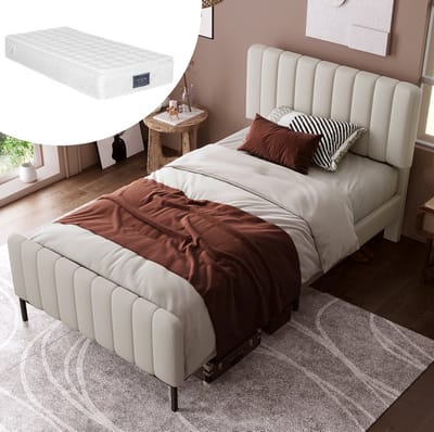 MEUNIQ eenpersoons bedframe 90 x 200 cm met lattenbodem en verstelbaar hoofdeinde, gestoffeerd bed in grijs-beige voor slaapkamer of logeerkamer