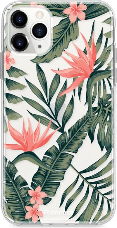 Fooncase Hoesje Geschikt voor iPhone 11 Pro - Shockproof Case - Back Cover / Soft Case - Tropical Desire / Bladeren / Roze