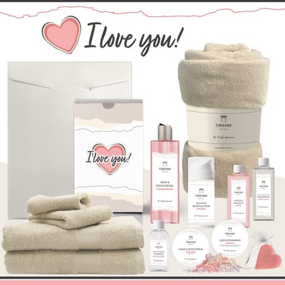 Geschenkset “I Love You!” - 13 producten - 2000 gram | Triomf Original - Giftset voor haar - Cadeau Valentijnsdag - Luxe wellness cadeaubox Vrouw - Ik hou van jou - Cadeaupakket Kerst - Geschenk Pakket Verjaardag - Gift Set Valentijn Vriendin - Beige