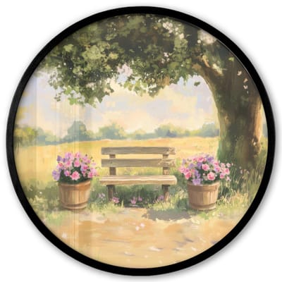 Poster in lijst Rond - Fotolijst 40x40 cm - Posters - Houten bankje - Bloempotten - Landschap - Ronde posterlijst zwart - Decoratie - Wanddecoratie woonkamer - Muurdecoratie slaapkamer