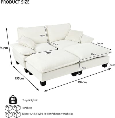OKWISH Hoekbank 194 x 151 cm - Modulair Met Verplaatsbare Ottomaan - Voor Woonkamer Of Appartement - Chenille - Beige