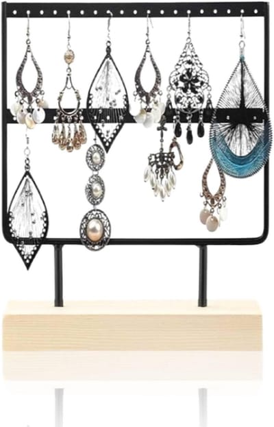Elegante metalen oorhanger organizer met 24 gaten voor sieraden, oorbellen en kettingen - 5.8 x 2.8 x 9.1 inch (Zwart)
