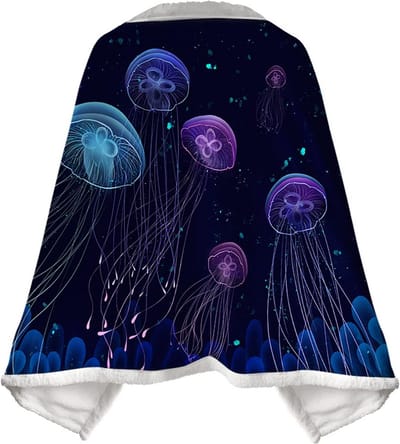 Warme Fleece Deken met Knopen - Zachte Pluche Gooi voor Bank en Bed met Kwallenprint