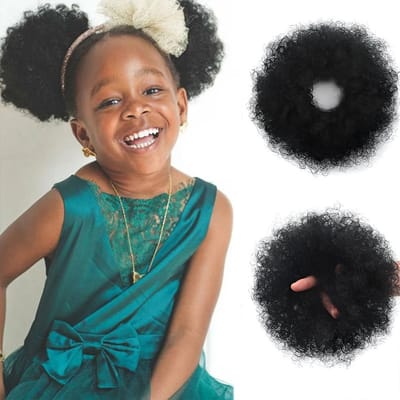 Krullende Haarstukjes-Set - Kinderhaarextensies - Krullende Paardenstaart - Synthetische Haaraccessoires - 2-Delig - Zwart - Voor Roleplay En Feestjes - Gemakkelijk Te Dragen - Zachte Elastieken - Voor Kinderen En Tieners