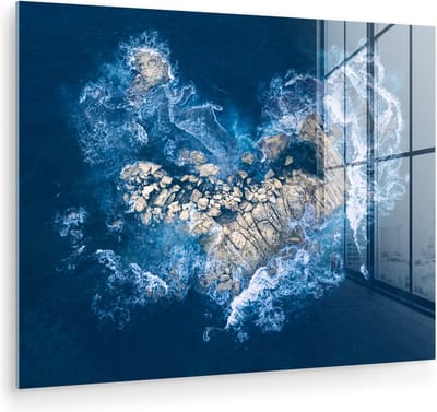 MuchoWow® Glasschilderij 120x90 cm - Schilderij acrylglas - Golven - Stenen - Hart - Foto op glas - Muurdecoratie woonkamer - Wanddecoratie slaapkamer - Schilderijen