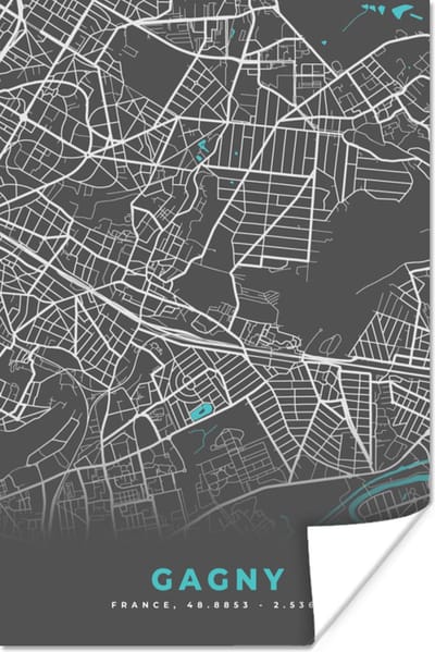 Poster Plattegrond - Kaart - Frankrijk - Gagny - Stadskaart - 120x180 cm XXL