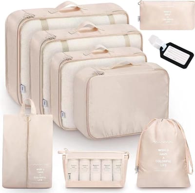 LIXIN Packing Cubes Set 9-Delig - Beige - Kleding Organizer Voor Reis Koffer - Tassen en backpack - Bagage organizers - Geschikt voor Kleding, Schoenen en Make-up - Reistas - Opbergtassen - Opbergzakken - Travel accessoires