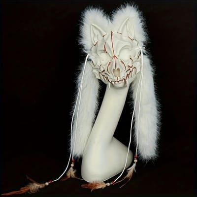 Masque de Loup Poilu Viking Fourrure Masque de Renard Coiffe Wendigo Halloween Costume de Loup-garou Barbare Médiéval Cosplay Guerrier Renaissance blanc