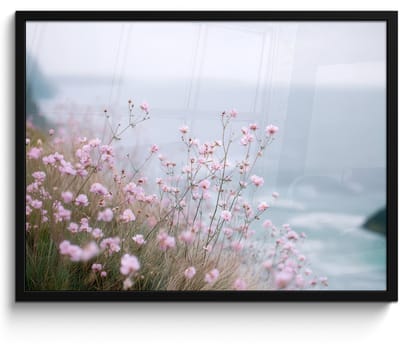 Poster in lijst - Fotolijst 80x60 cm - Posters - Klif - Bloemen - Zee - Roze - Posterlijst zwart - Decoratie - Wanddecoratie woonkamer - Muurdecoratie slaapkamer