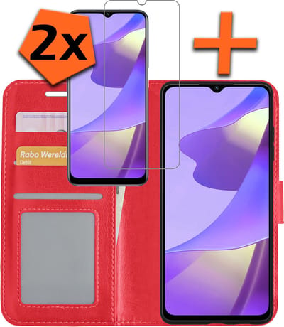 Hoes - Met 2x Screenprotector - Geschikt voor OPPO A16 - Luxe Pasjeshouder - Bookcase Portemonee - Flip Case - Kunstleer Book Case - Flipcase Hoes - Book Cover - Walletcase - PortemonneeHoes - Rood