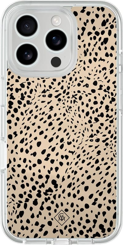 Casimoda® hoesje - Geschikt voor iPhone 16 Pro - Stippen bruin abstract - 2-in-1 case - Schokbestendig - Gestipt - Verhoogde randen - Bruin/beige, Transparant