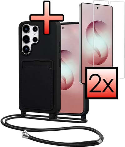 Hoes Geschikt voor Samsung S26 Ultra Met Telefoonkoord Met 2x Screenprotector - Siliconen Hoesje Backcover Met Ketting - Zwart