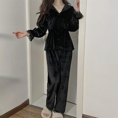 Revers Nachtkleding met Knopen Sexy Knopen Pyjama Voor Dames Nachthemd Velours 2-Delige Shirt&Broek Pak Casual Huiskleding XL