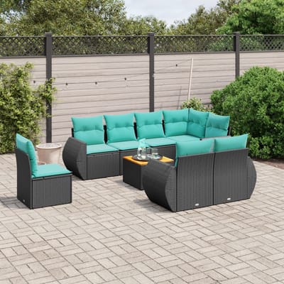 vidaXL - 9-delige - tuinbankset - met - kussens - van - zwart - polyrotan
