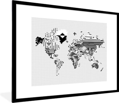 Fotolijst incl. Poster Zwart Wit- Wereldkaart - Pixel - Zwart Wit - 80x60 cm - Posterlijst