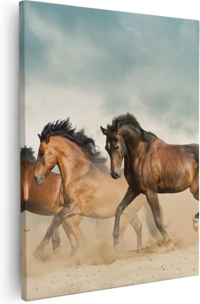 Artaza Canvas Schilderij Paarden - 80x100 cm - Groot - Wanddecoratie Woonkamer - Muurdecoratie Dieren - Rennende Paarden Woestijn