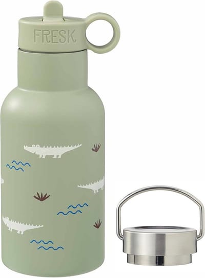 Fresk Thermosfles 350 ml - RVS Waterfles – Lekvrije Drinkfles voor Kinderen – Koude en Warme Dranken – BPA-vrij – Onbreekbaar – 2 Doppen – Thermosbeker – Drinkbeker Jongens - Groen - Crocodile