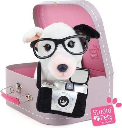 Studio Pets® Bull Terriër knuffel Charlie 23 cm set met koffer – hond knuffel met zwarte bril, camera en paspoort
