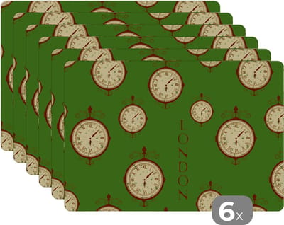 Placemat - Placemats kunststof - Londen - Vintage - Klok - Patroon - 45x30 cm - 6 stuks - Hittebestendig - Anti-Slip - Onderlegger - Afneembaar