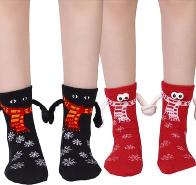 2 paar Sokken met handjes - Schattige sokken rood & zwart maat 35-41 - Sokken met Magnetische Handen, Oogjes, Handjes, Sjaals en Kerstvlokken