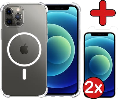 Hoesje - Met 2x Screenprotector - Geschikt voor Apple iPhone 12 Pro - Magsafe Compatible - Sterk & Shockproof - Shock Proof Case - Back Cover - Telefoon Hoes - Telefoonhoes - Transparant