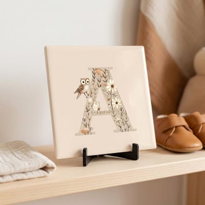 Tegeltje | Alfabet | Bosdiertjes | Baby | Letter A | Glans afwerking | Inclusief gratis standaard | 15 x 15 cm | Fotofabriek