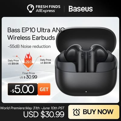Baseus Bass EP10 Ultra Draadloze Oordopjes -55dB Ruisonderdrukking 65 uur Lange Speeltijd Bluetooth 6.0 Oordopjes 6 Microfoons AI Oproepen Helder