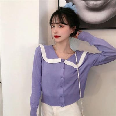 Automne et Hiver Ample et Fin Col Marin Étudiant Manches Longues Court Manteau Haut Pull Femmes One Size