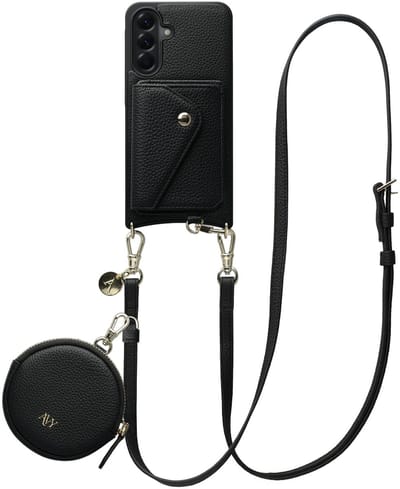AVY Leren Hoesje geschikt voor Samsung Galaxy A56 | Met Koord, Wallet en Pouch | Compatibel met MagSafe | Leather Case met 130CM Koord | Long Leather | Zwart