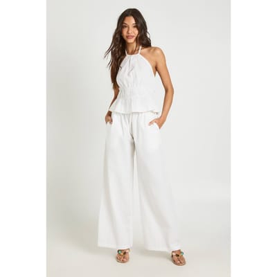 boohoo Dames Linnen-look Top Met Halternek En Gerimpelde Taille & Wijde Broek Co-ord | Natural | Maat: 40