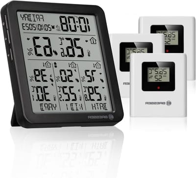 Thermo-hygrometer met sensoren - Klimaatmeter Binnen Buiten - Klimaat Meten - 4 Locaties Overzicht - 80m Bereik - Zwart
