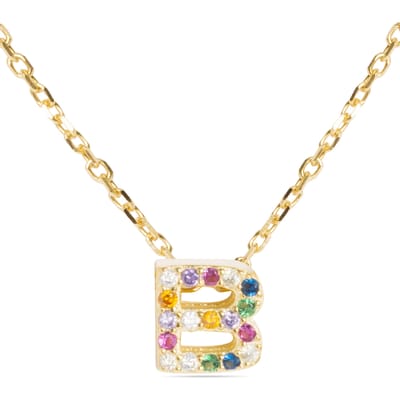 Luxenter Sterling Zilver 925 collier met Veelkleurige Zirkonia afgewerkt in 18K geel goud - Alfabet