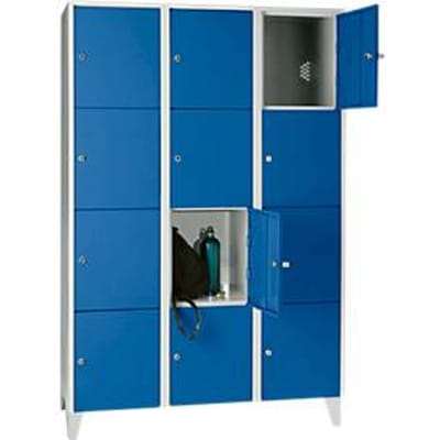 Vakkenkast 400 mm, 3 afdelingen, 12 vakken, veiligheidscilinderslot, poot, gentiaanblauw