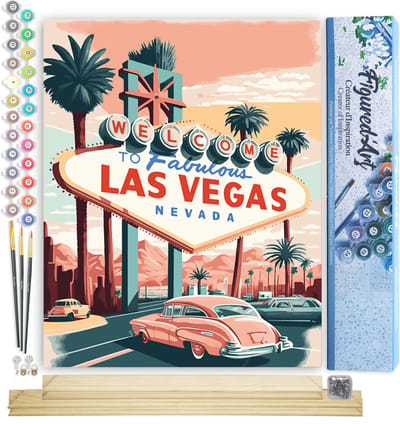 Figured'Art Schilderen op Nummer Volwassenen canvas Reisposter Las Vegas- Handwerk acrylverf Kit DIY Compleet - 40x50cm met DIY houten lijst