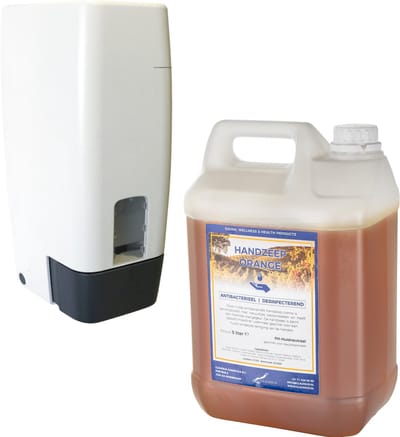 Zeepdispenser 1 liter kunststof hervulbaar + 5 liter jerrycan handzeep Orange