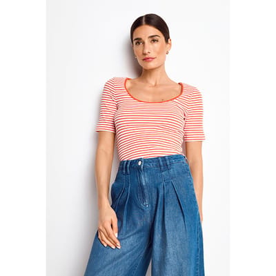 Rich & Royal Organic Rib Shirt Striped Cherry Tomato Size: XS | T-Shirts Outlet | Dames | Beige