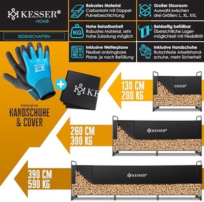 Metalen brandhoutrek voor buiten, 390 x 36 x 117 cm - Geschikt voor 590 kg met afdekhoes en handschoenen
