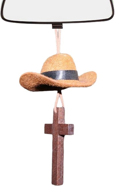 Achteruitrijspiegel Ornament - Auto Decoratie Cowboyhoed - Voertuig Personaliseren - Rustiek Vintage Ontwerp - 15 cm - Zwarte Koffie