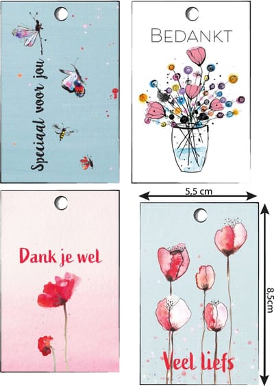 Mini cadeaukaartjes set 4 stuks – Bedankt & liefs – Cadeaulabels met gaatje – 5,5 x 8,5 cm – Cadeau labels - mini kaartjes