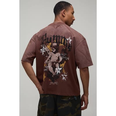 Chocoladebruin Oversized Boxy Homme Cherubijn Grafische Spray Wash T-shirt | Chocolate | Size Medium