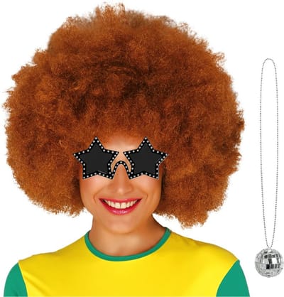 Funny Fashion Carnaval verkleedset afropruik bruin - ster zonnebril - Discobal ketting - Disco/seventies danser