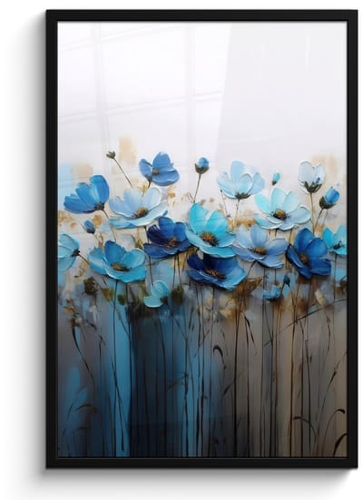 Poster in lijst - Fotolijst 60x90 cm - Posters - Bloemen - Schilderij - Blauw - Posterlijst zwart - Decoratie - Wanddecoratie woonkamer - Muurdecoratie slaapkamer