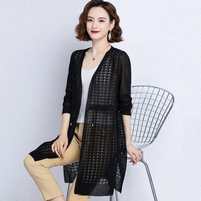 Middellange Gebreide Zomer Cardigan Jas van IJszijde, Losse Top, Dunne Gesneden Gehaakte Sjaal voor Zonbescherming M gray